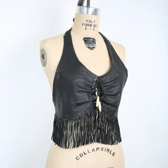 Vintage Black Leather Halter Top with Fringe & Beads Boho Hippie Biker Rock - Picture 2 of 4